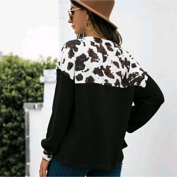 Cow Panel Half Button Sweatshirt - Picture 2 of 7